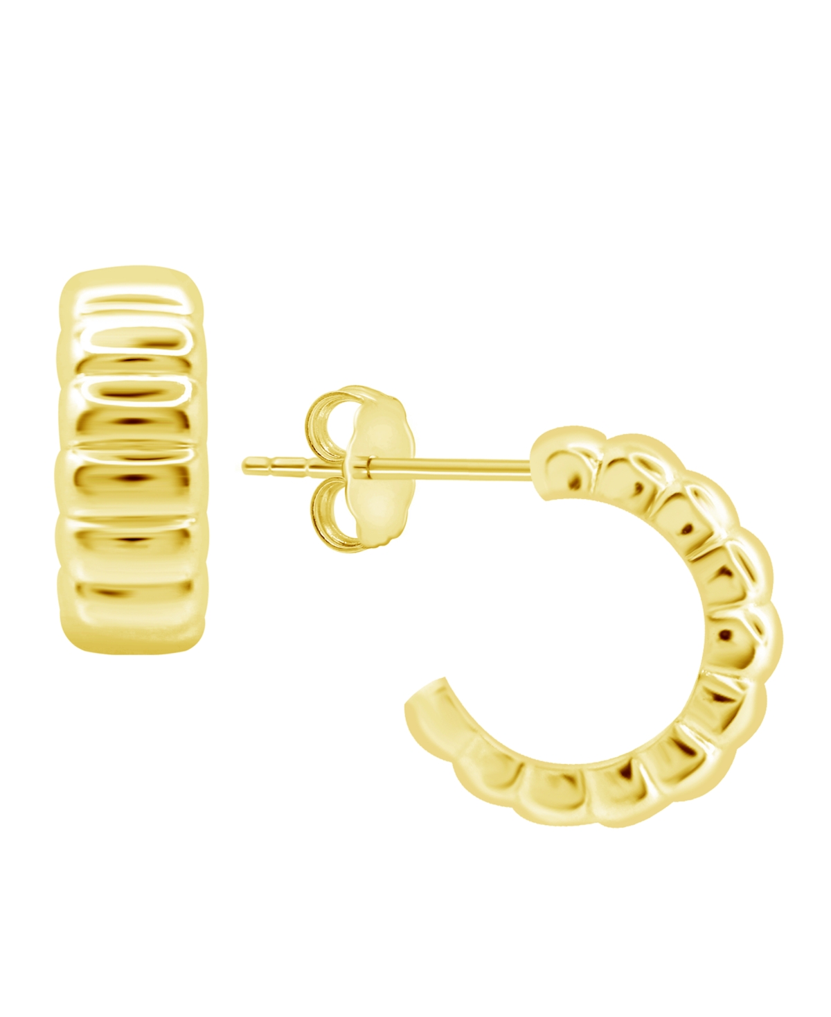 High Polished Puff Ribbed C Hoop Post Earring in Silver Plate or Gold Plate - Gold-Tone