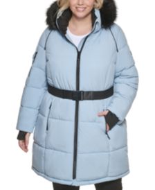 Plus Size Belted Faux Fur-Trim Hooded Puffer Coat