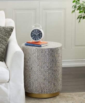 Mother of Pearl Drum Accent Table with Linear Mosaic Pattern and Gold Base