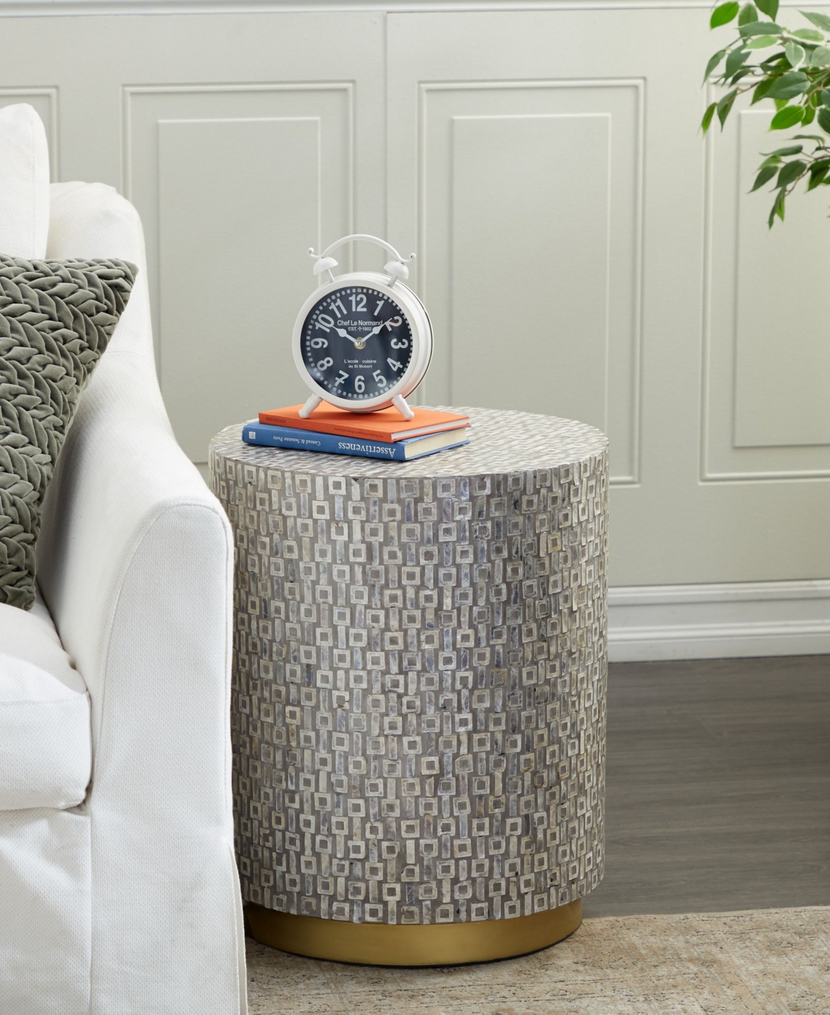 Rosemary Lane Mother of Pearl Drum Accent Table with Linear Mosaic Pattern and Gold Base