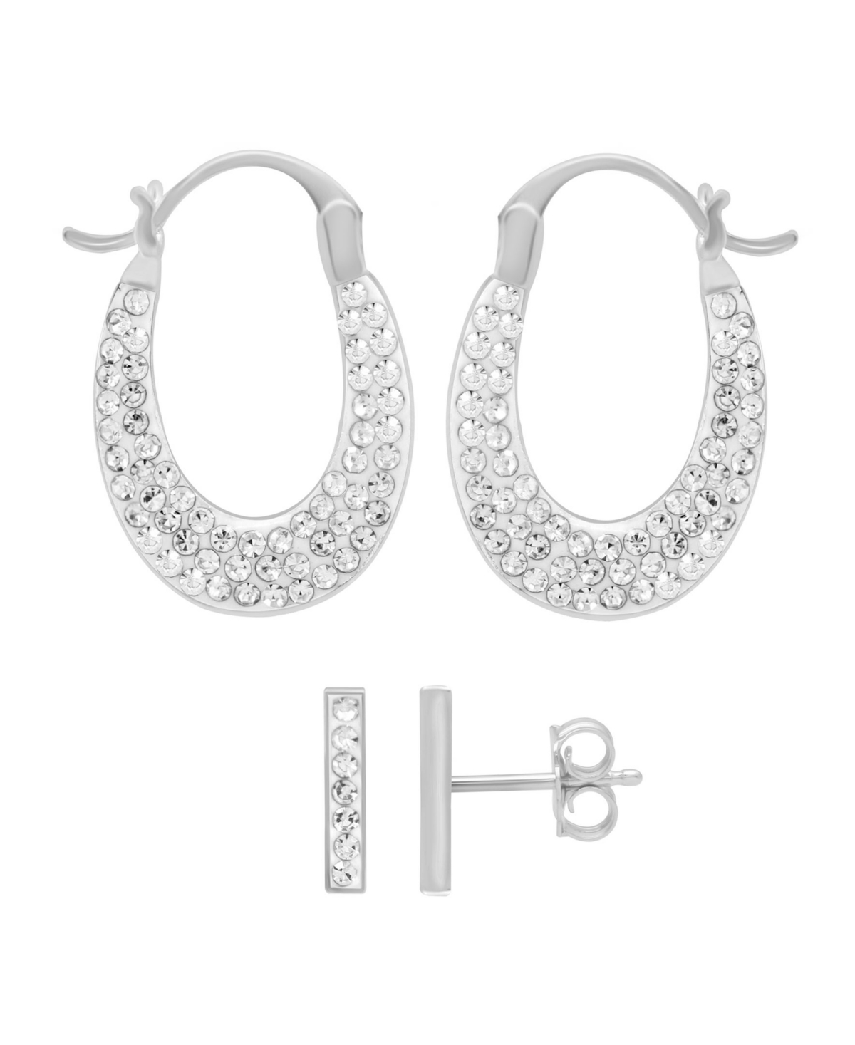 Crystal Bar Stud Pave Oval Hoop Duo Earring Set, Gold Plate and Silver Plate - Silver
