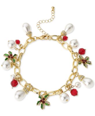 Charter Club - Gold-Tone Crystal, Bead & Imitation Pearl Poinsettia Charm Bracelet
