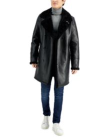 Men's Long Pleather Double Breasted Coat with Faux Shearling Cuff and Collar 	