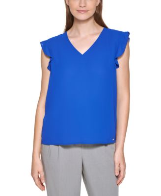 Calvin Klein - Sleeveless V-Neck Ruffle Trim Blouse