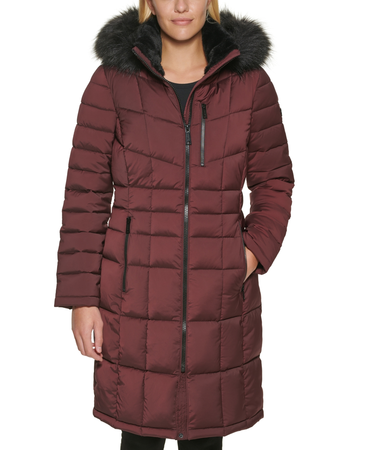 Calvin Klein Women s Stretch Faux Fur Trim Hooded Puffer Coat Created for Macy s Smart Closet