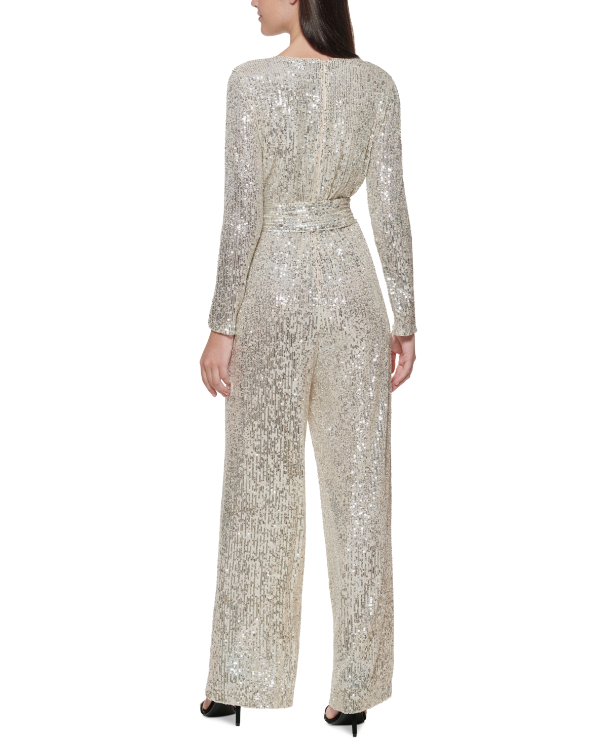 Shop Eliza J Petite Sequin Wrap Front Long Sleeve Jumpsuit In Champagne,silver