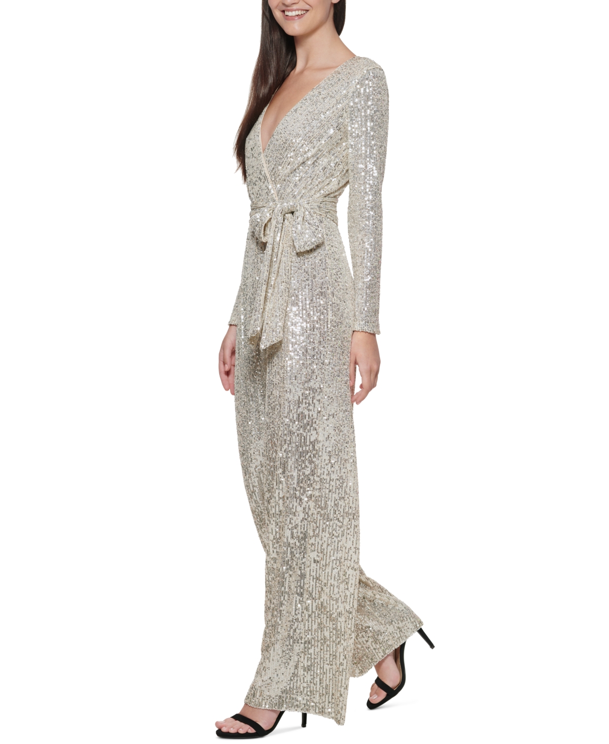 Shop Eliza J Petite Sequin Wrap Front Long Sleeve Jumpsuit In Champagne,silver