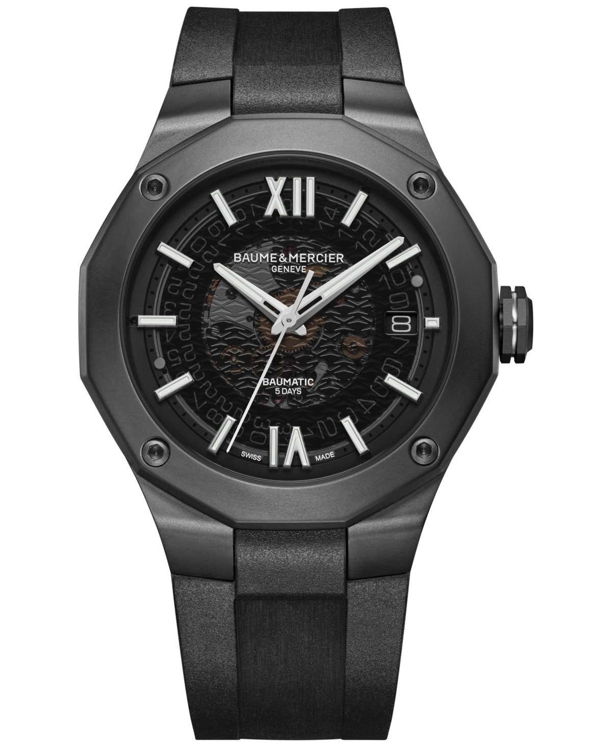 Men's Swiss Automatic Baumatic Black Rubber Strap Watch 42mm