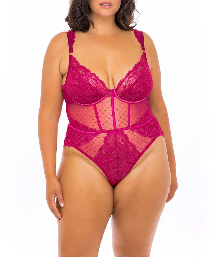 Plus size flower lace and back mesh teddy with underwire cup 80041Q-BLACK