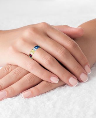 Rainbow Colored  Emerald Cut Cubic Zirconia Eternity Band in 14k Yellow Gold Plated Sterling Silver