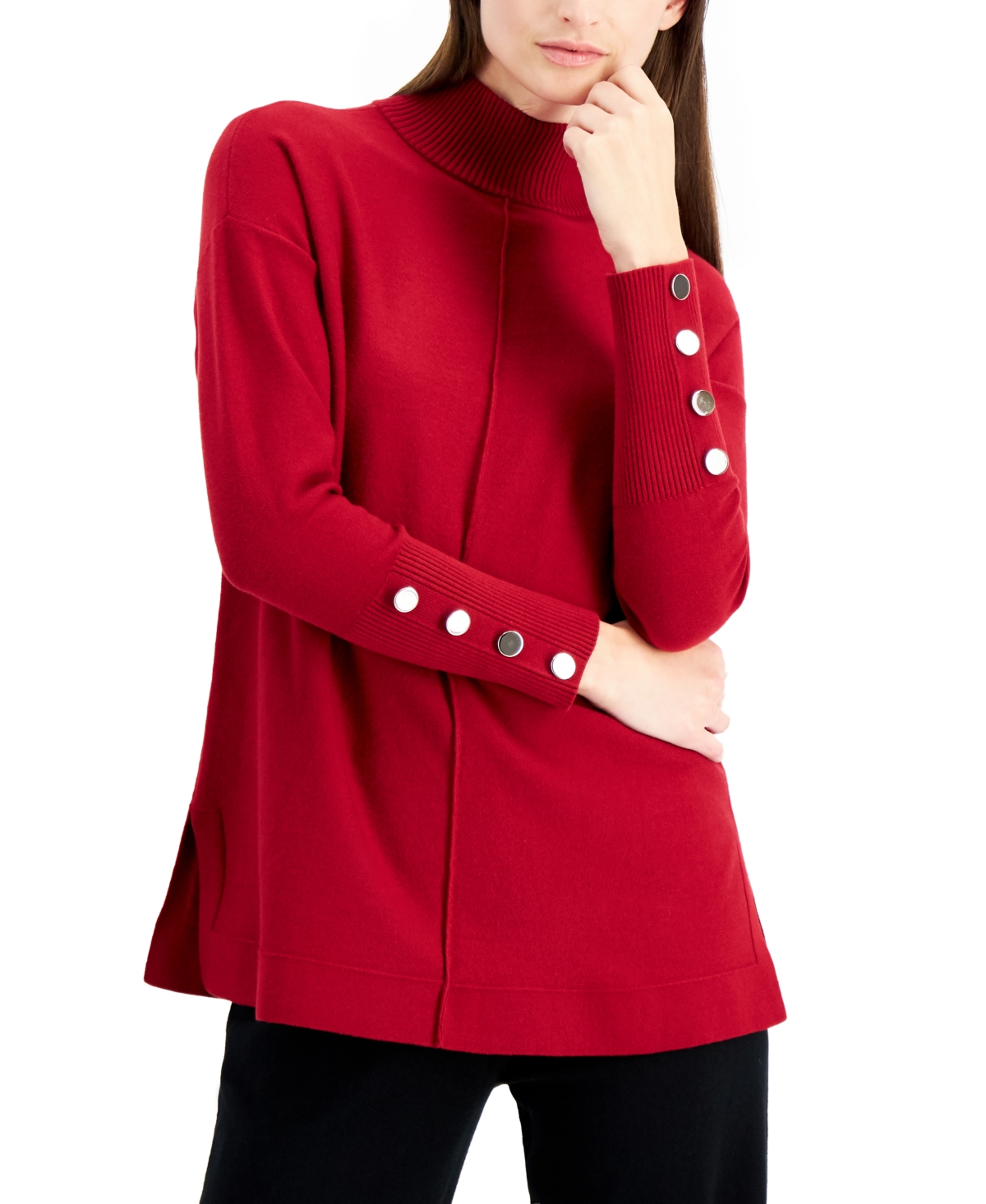 Anne Klein Button Cuff Mock Neck Sweater In Titian Red