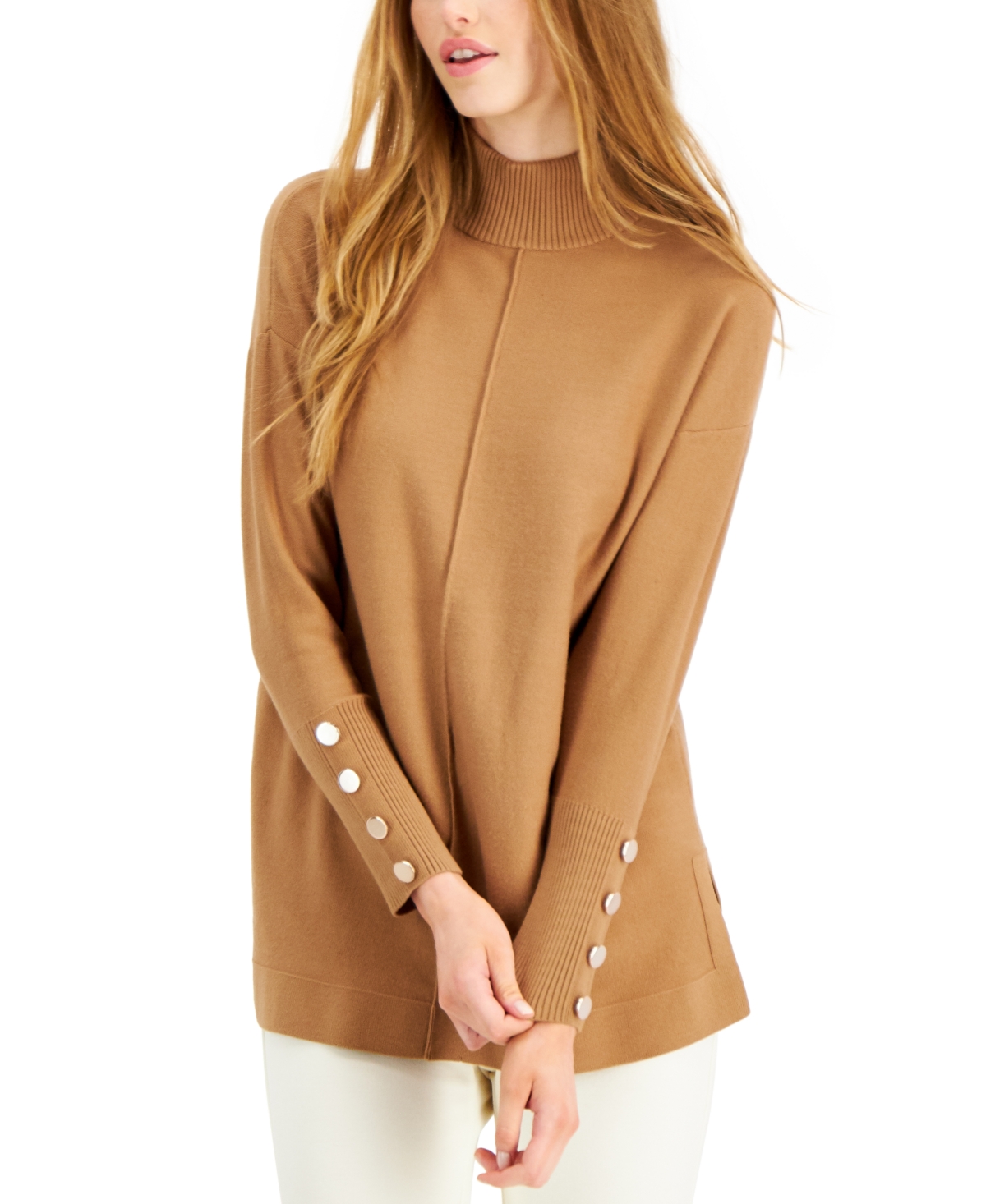 Anne Klein Button Cuff Mock Neck Sweater In Vicuna