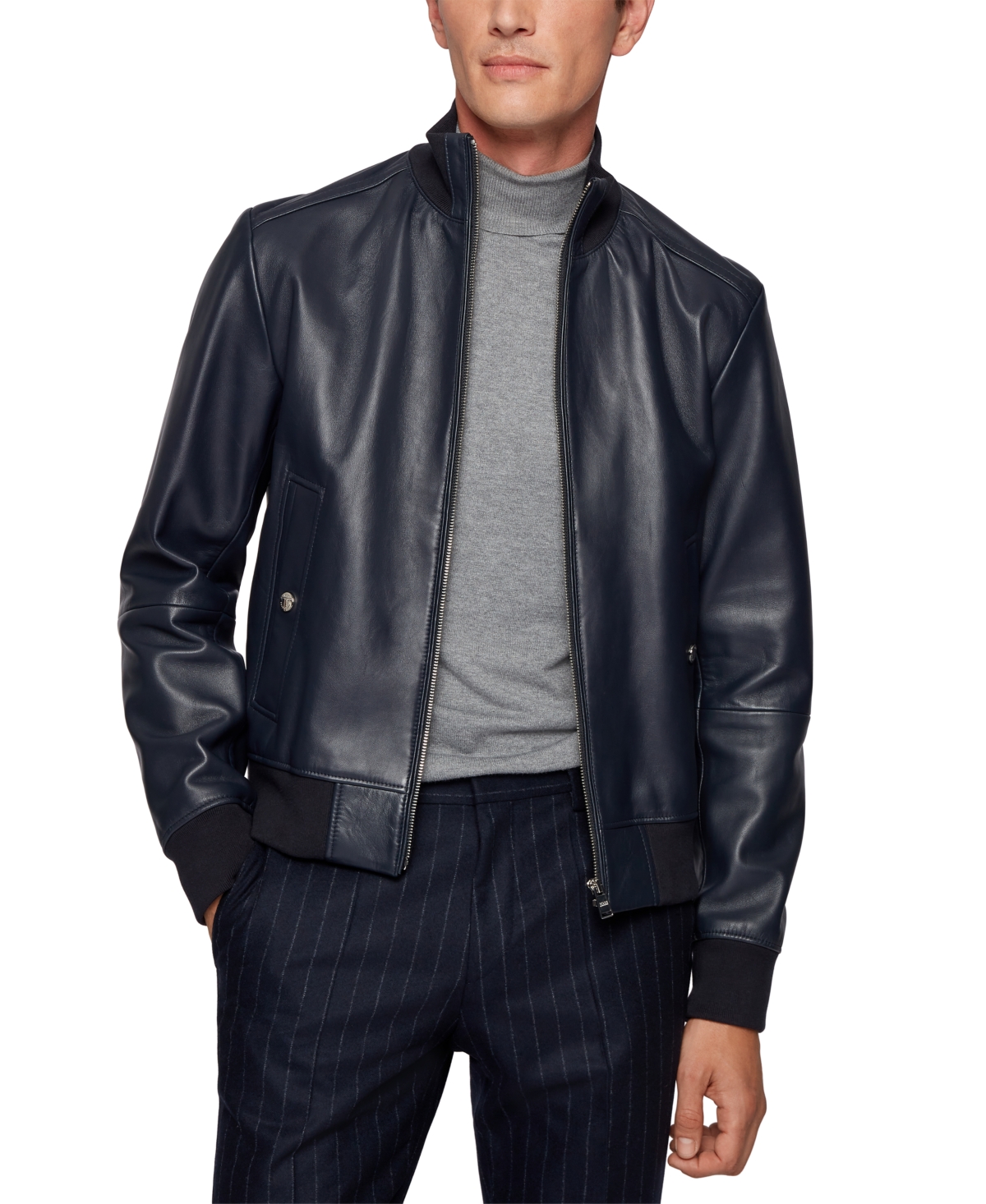 Hugo Boss Boss By  Men's Bomber-style Leather Jacket In Blue