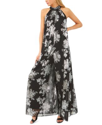 MSK - Metallic Floral-Print Halter Wide-Leg Jumpsuit