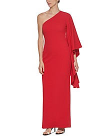 One-Shoulder Draped-Sleeve Gown