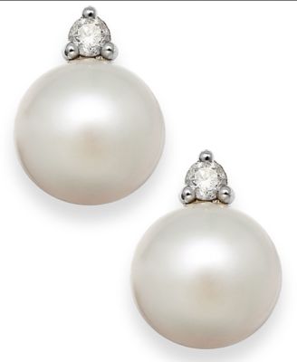 Macy's Akoya Pearl (7mm) and Diamond Accent Stud Earrings in 14k White ...