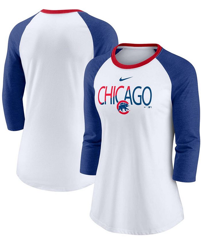 Women's Nike White/Heathered Royal Chicago Cubs Color Split Tri-Blend  3/4-Sleeve Raglan T