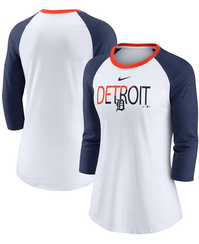 Nike Women's White, Heathered Navy Detroit Tigers Color Split Tri-Blend 3/4  Sleeve Raglan T-shirt - Macy's