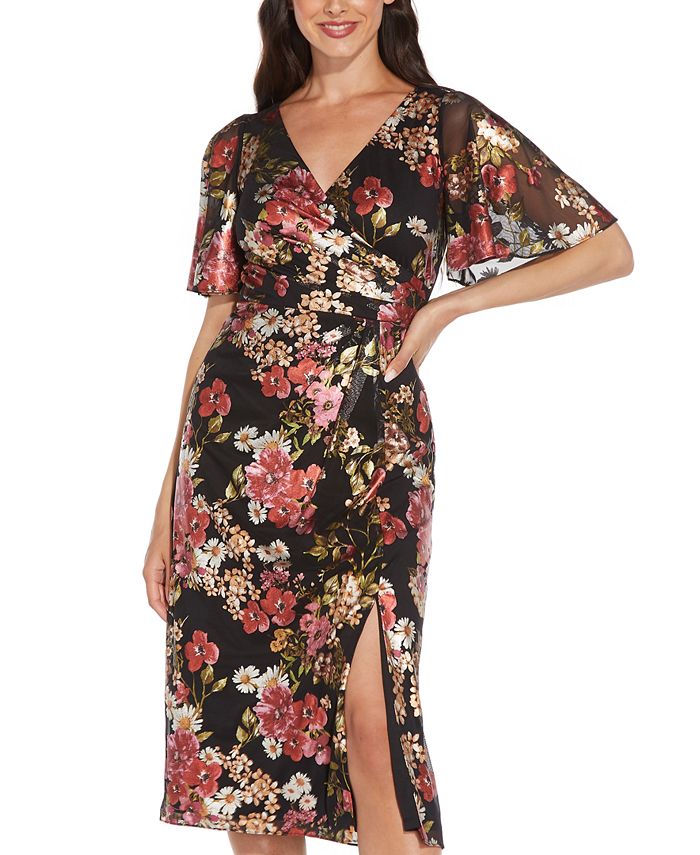Adrianna Papell Floral-Print Metallic Flutter-Sleeve Dress - Macy's