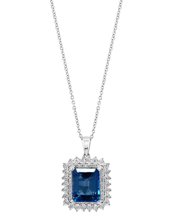 EFFY Collection - London Blue Topaz (5-1/4 ct. t.w.) & Diamond (1/4 ct. t.w.) Halo 16" Pendant Necklace in 14k White Gold