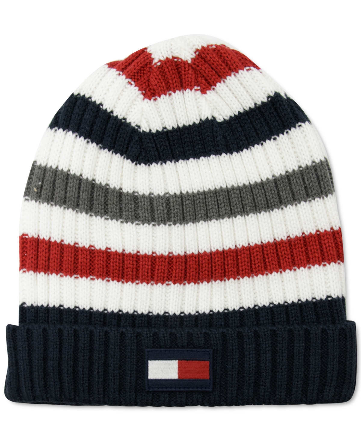 Tommy Hilfiger Men's Rib Knit Striped Fold-up Cuff Hat In Snow White,sky Captain,apple Red,char