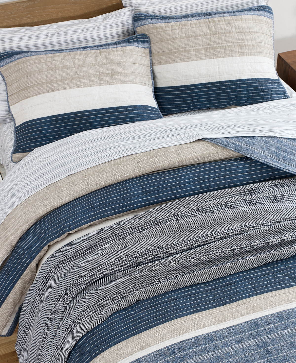 Nautica Ridgeport Blue Cotton Reversible 3 Piece Quilt Set