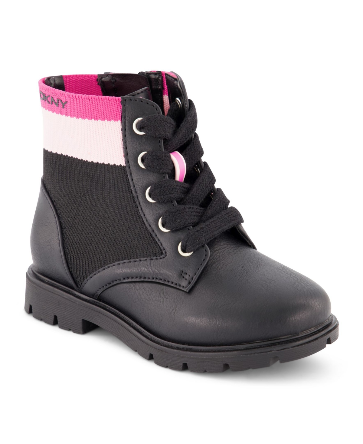 Dkny Babies' Toddler Girls Stassi Knit Moto Lace Up Combat Boots In Black,pink