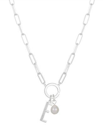 Photo 1 of UNWRITTEN Cubic Zirconia Initial & Freshwater Pearl 18" Pendant Necklace in Silver  Plate
Freshwater pearl: 6mm
Set in fine silver plate or 14k gold flash-plated metal; cubic zirconia
Approx. length: 18"; approx. drop: 3/4"
Spring ring closure