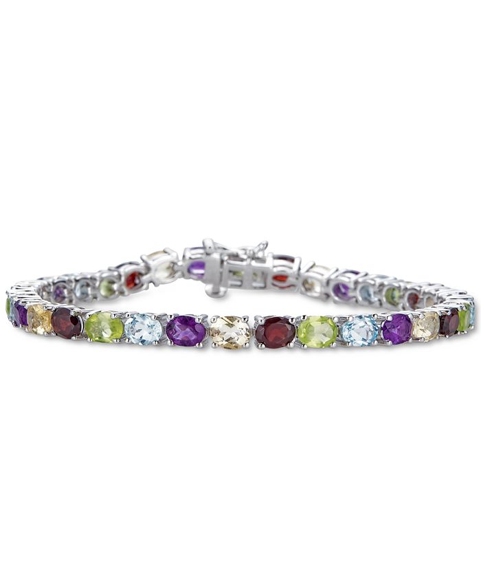 Sterling Silver Multigem Link Bracelet with Garnet Amethyst