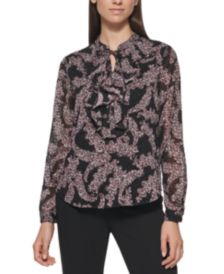 Paisley-Print Ruffled Tie-Neck Blouse