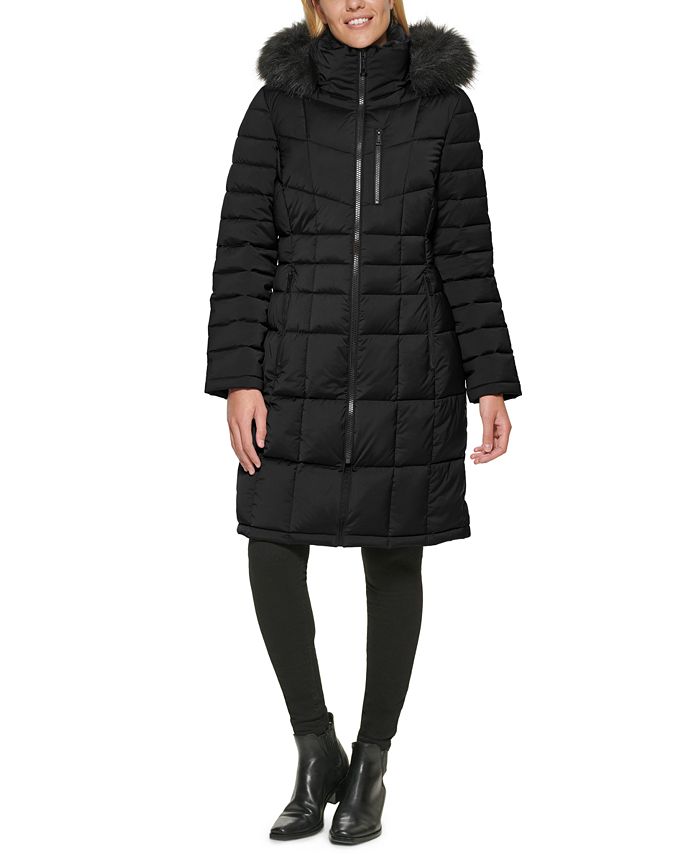 Calvin Klein Women's Stretch Faux-Fur-Trim Hooded Puffer Coat, Created ...