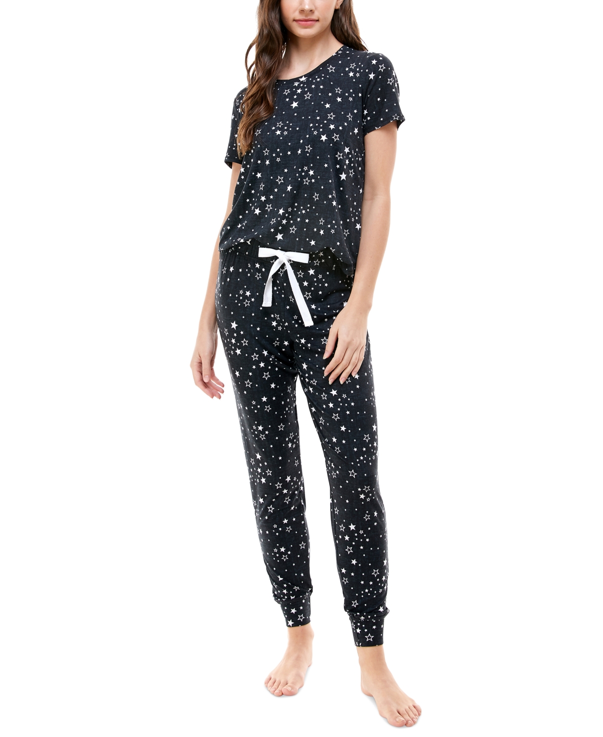 Shop Roudelain Printed Short Sleeve Top & Jogger Pajama Set In Lucky Stars Black