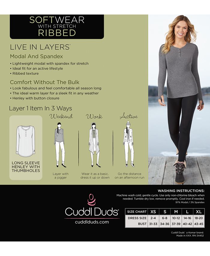 Cuddl Duds Softwear with Stretch Ribbed Henley Top Macy's