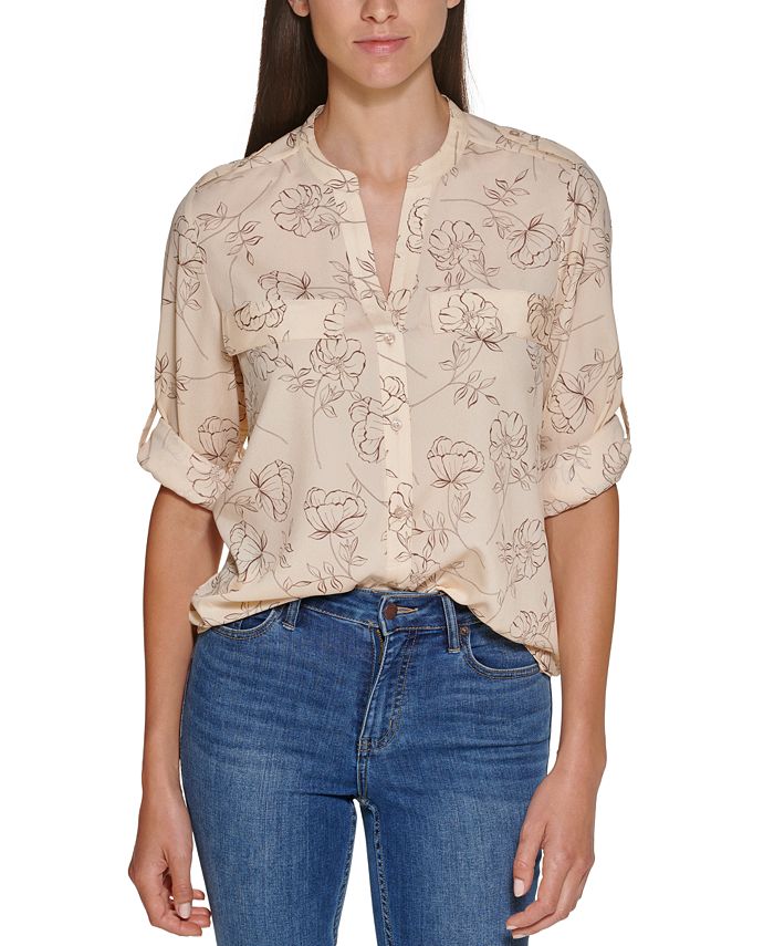 Calvin Klein Printed Roll Tab Sleeve Shirt & Reviews - Tops - Women ...