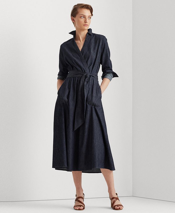 Lauren Ralph Lauren Faux-Wrap Belted Denim Midi Dress - Macy's