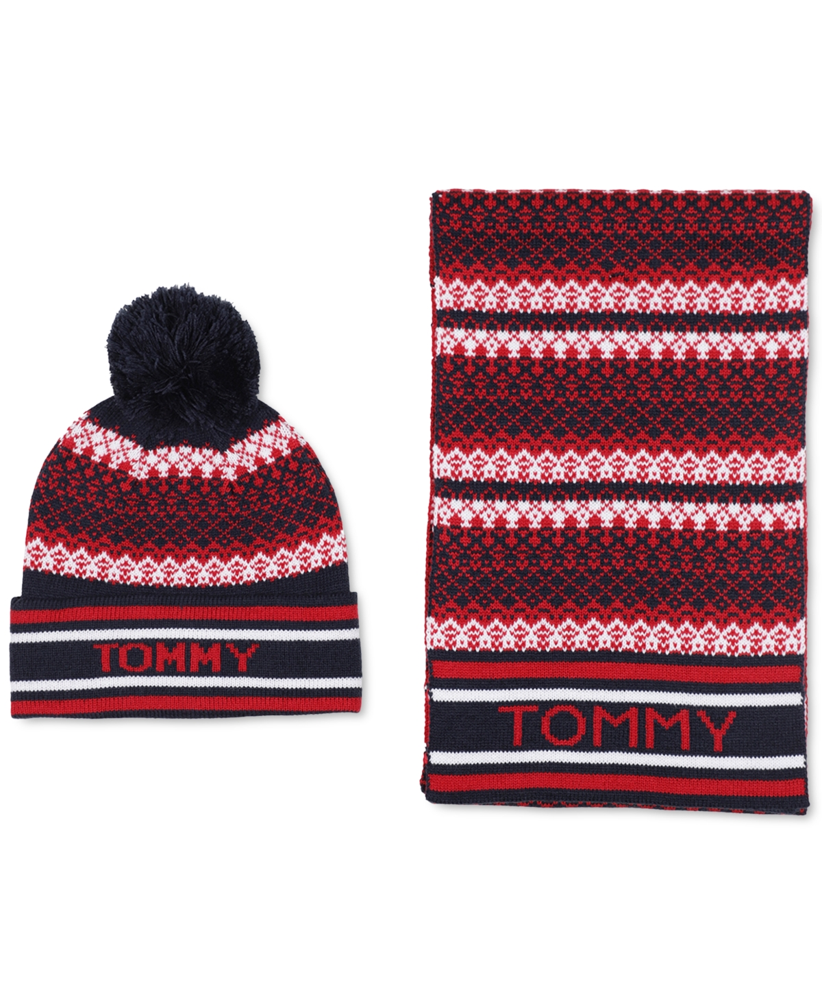 Tommy Hilfiger Men's Fair Isle Hat & Scarf Set In Sky Captain,apple Red,snow White