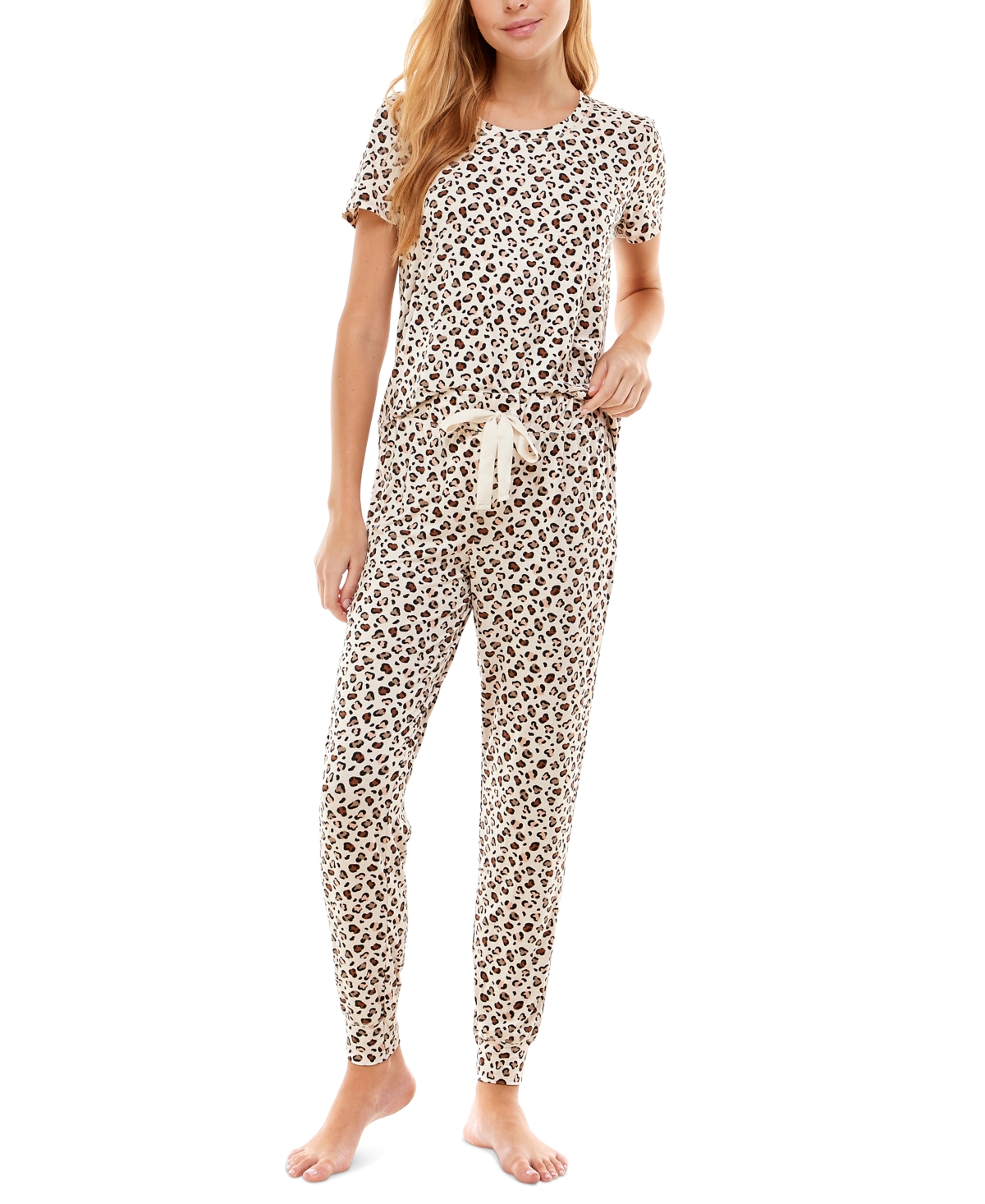 Roudelain Printed Short Sleeve Top & Jogger Pajama Set In Disco Leopard