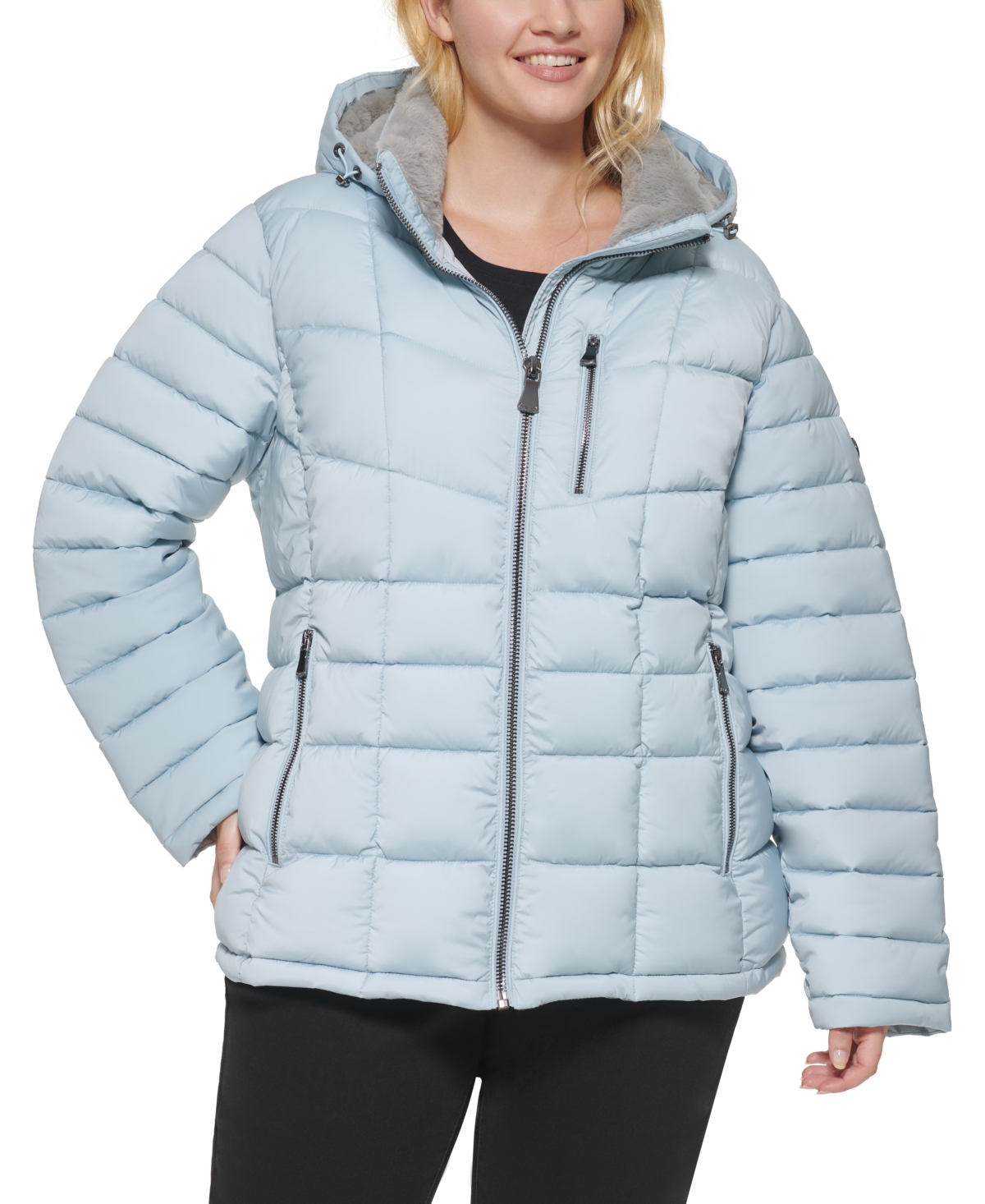 Shop Calvin Klein Women's Plus Size Faux-fur-trim Hooded Puffer Coat, Created For Macy's In Blue Mist