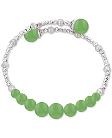 Dyed Green Jade & Textured Bead Bypass Bangle Bracelet in Sterling Silver