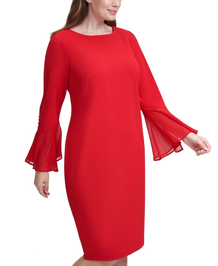Calvin Klein Chiffon-bell-sleeve Sheath Dress in Red