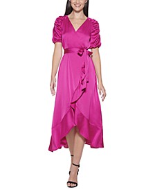 Ruched-Sleeve Faux-Wrap Dress