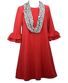 Big Girls Three Quarter Double Bell Sleeved Red Knit Dress with Printed Infinity Scarf Set, 2 Piece