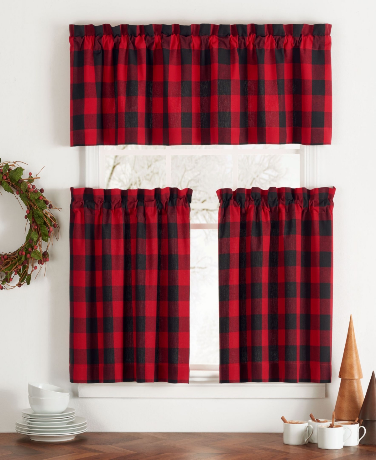 Elrene Farmhouse Living Holiday Buffalo Check Window Curtain Tier Set, 2 Piece, 30" X 24" In Red,black