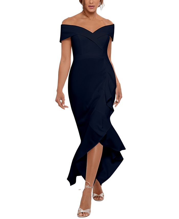 XSCAPE Petite Ruffled Off-The-Shoulder Gown - Macy's