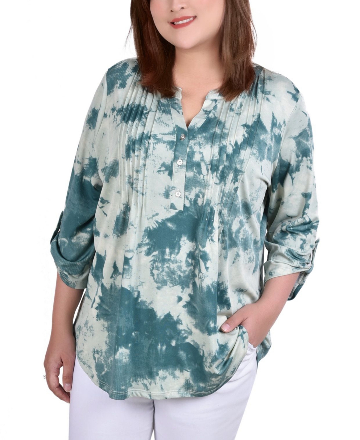 Plus Size Knit 3/4 Sleeve Roll Tab Top - Yellow Tie Dye