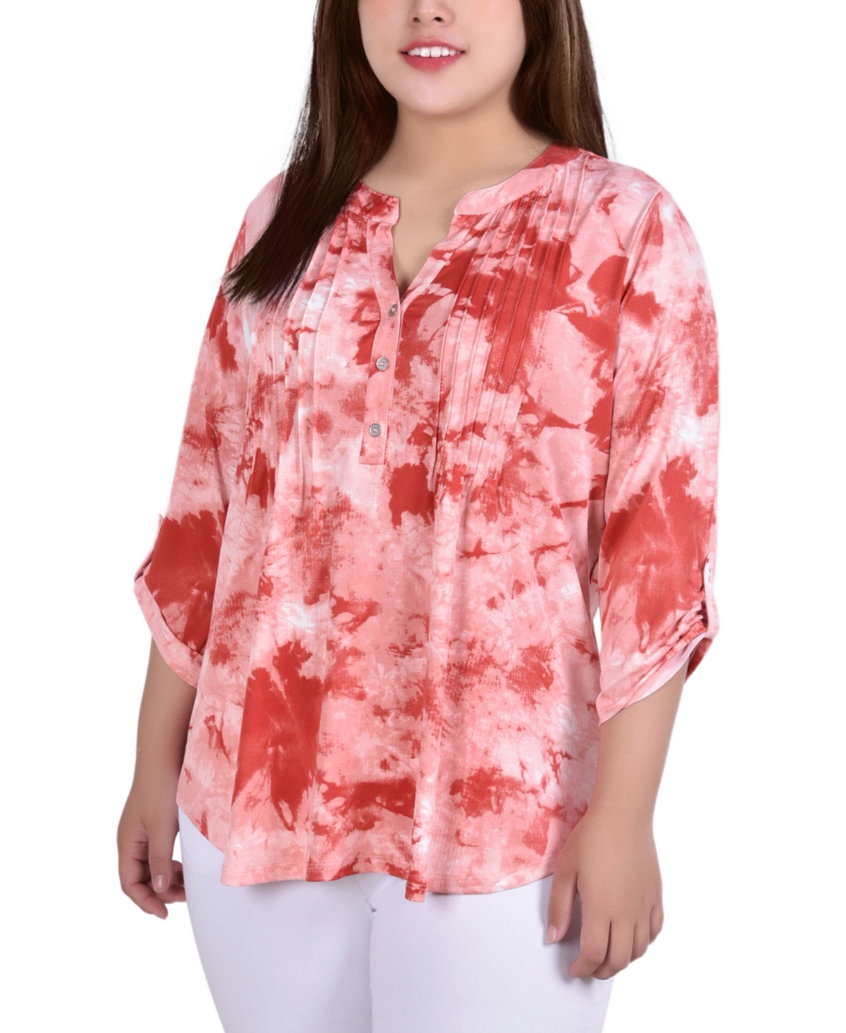 Plus Size Knit 3/4 Sleeve Roll Tab Top - Yellow Tie Dye