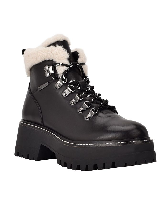 Calvin Klein Women s Kristel Lace Up Hiker Fur Lug Sole Booties