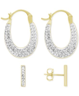 Crystal Bar Stud Pave Oval Hoop Duo Earring Set, Gold Plate and Silver Plate - Gold