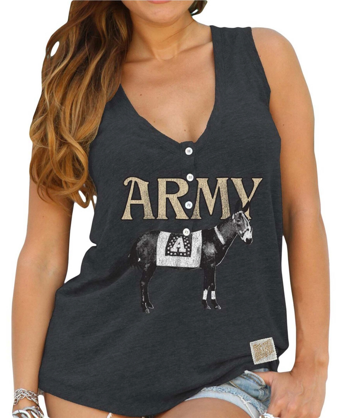 Shop Retro Brand Women's Black Army Black Knights Relaxed Henley V-neck Tri-blend Tank Top
