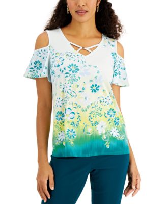 JM Collection - Printed Cold-Shoulder Top